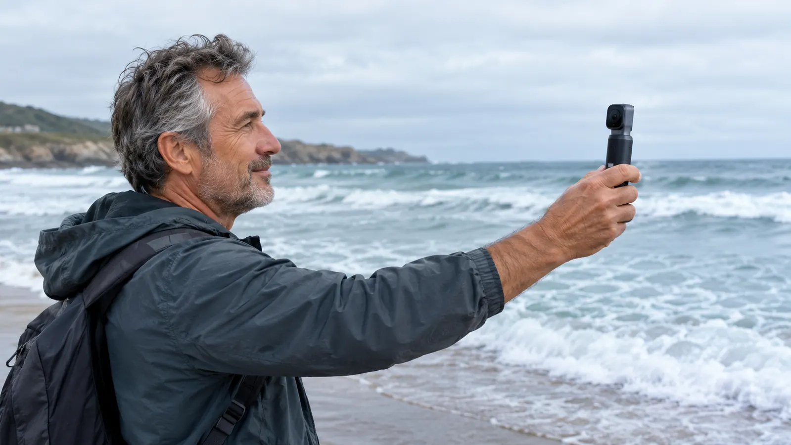 A man in his fifties holding a compact recorder at arm's length near a beach shoreline, waves in the background