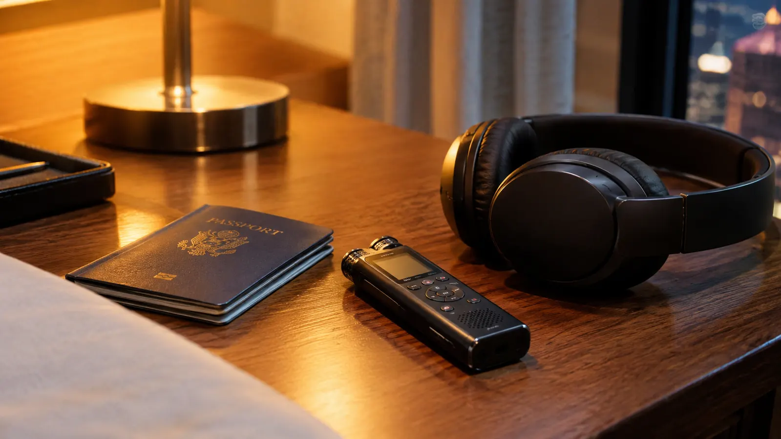 A small recorder on a hotel desk beside a passport and a pair of headphones, evening light