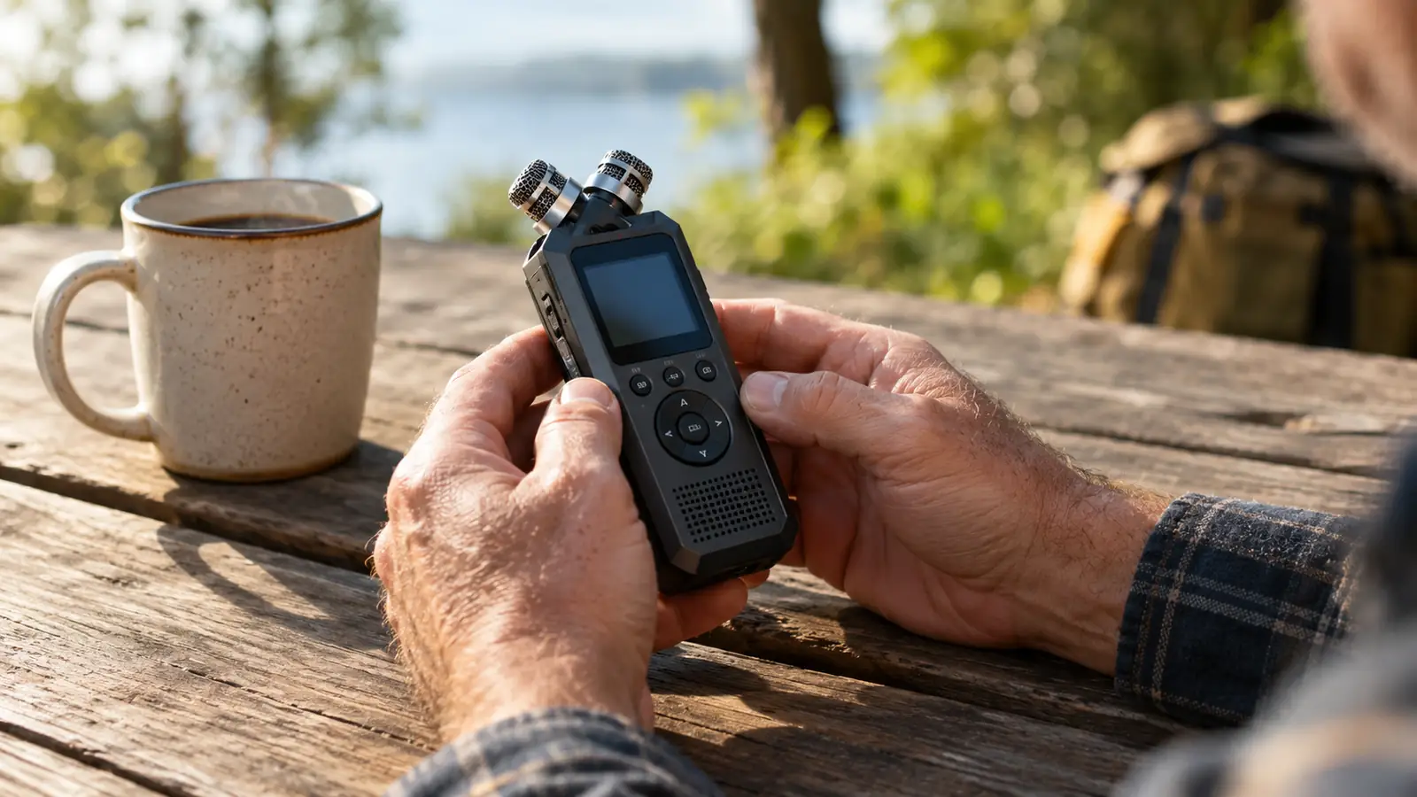 A small handheld audio recorder with two microphones in an X pattern sitting on a wooden picnic table next to a coffee mug
