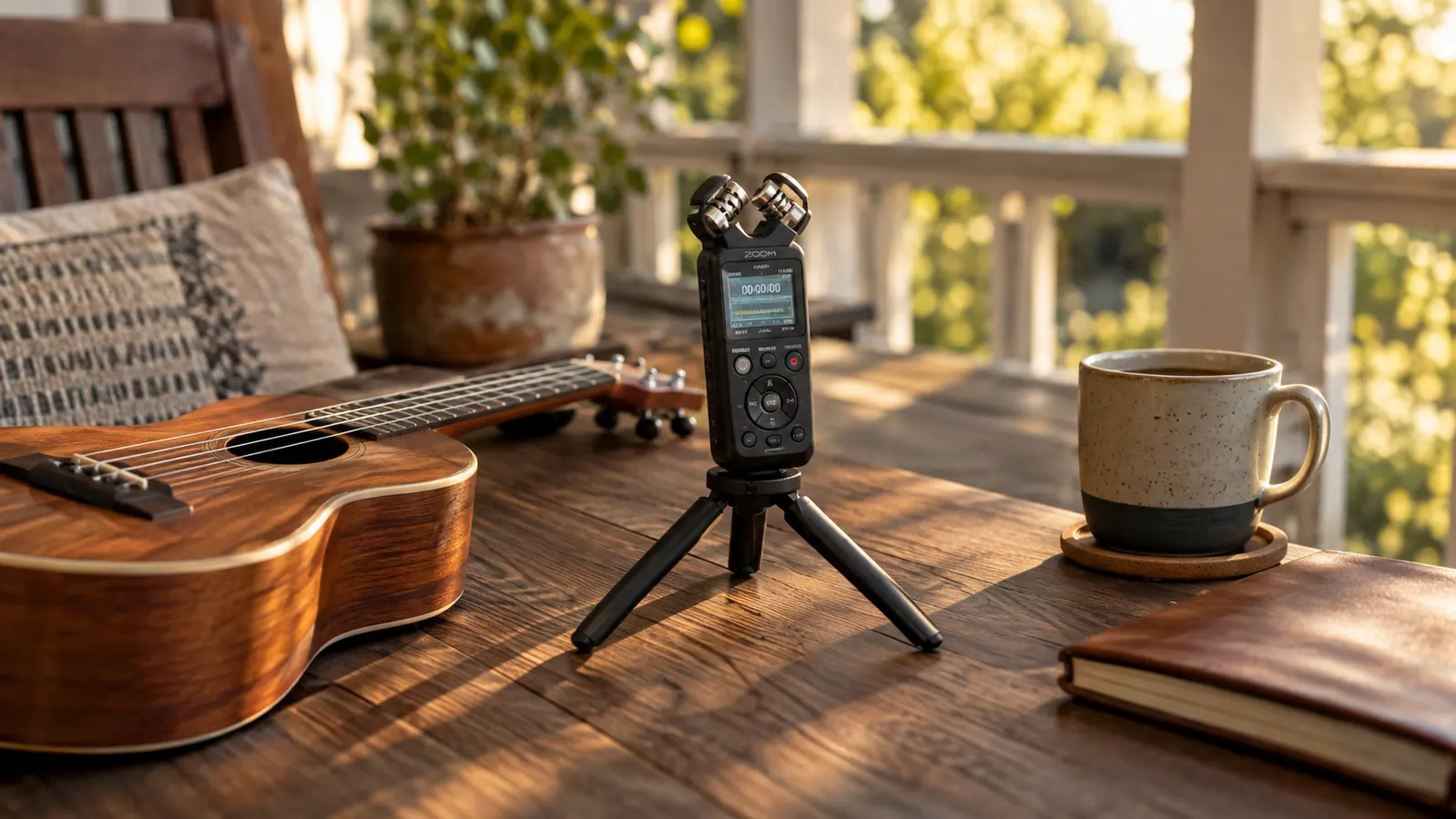 A small handheld audio recorder on a small tripod on a wooden table beside a ukulele